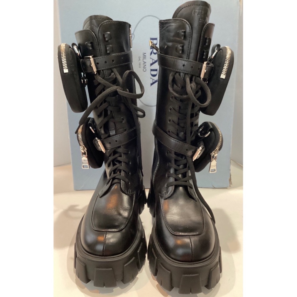 PRADA MONOLITH POUCH-POCKET ALL LEATHER TALL BOOTS SZ 38